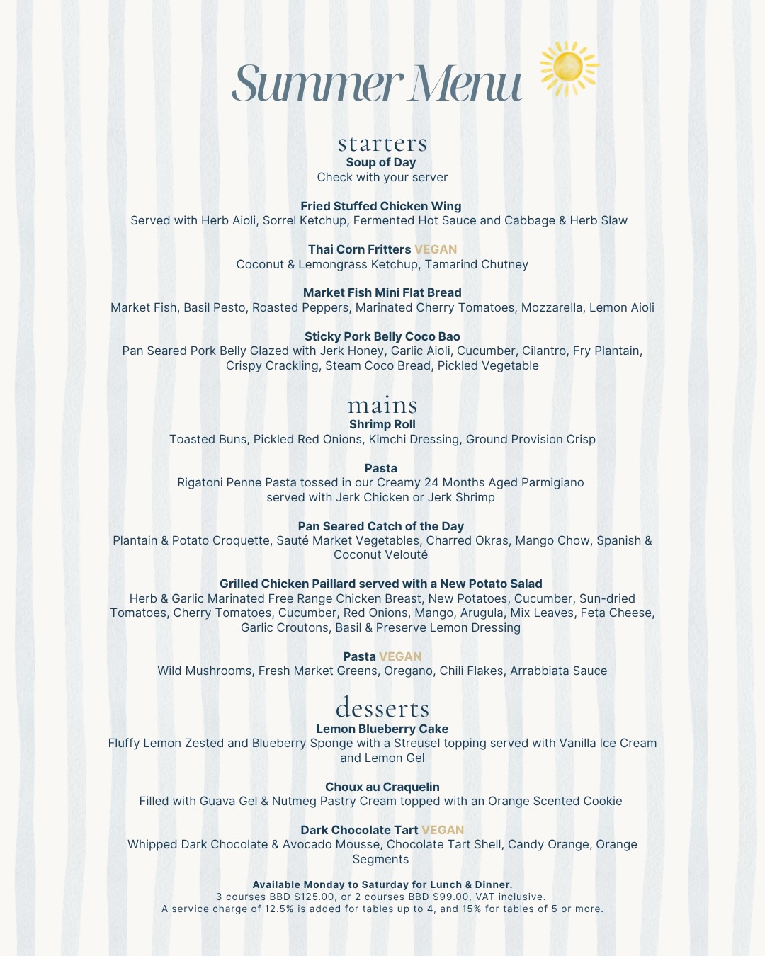 Summer Menu – 2 or 3 Course Prix Fixe at Pier One Restaurant