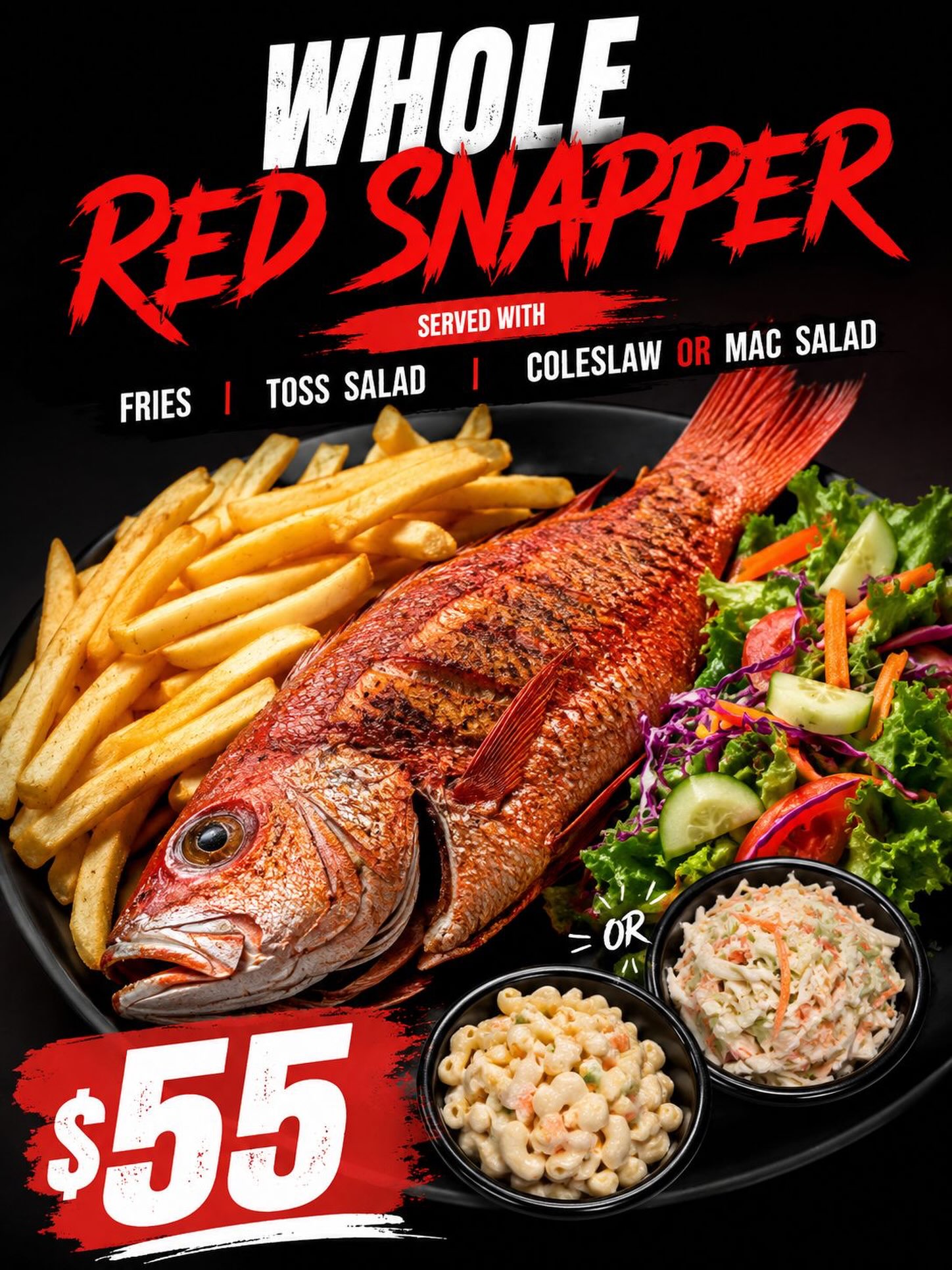 Whole Red Snapper Meal Deal – $55