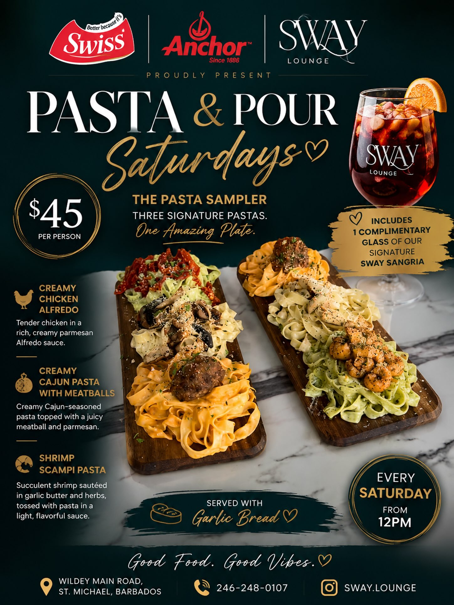 Pasta & Pour Saturdays – $45 Per Person at Sway Lounge