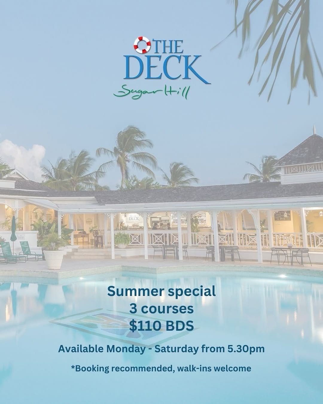 Summer Special 3-Course Dinner – $110 BDS at The Deck Sugar Hill