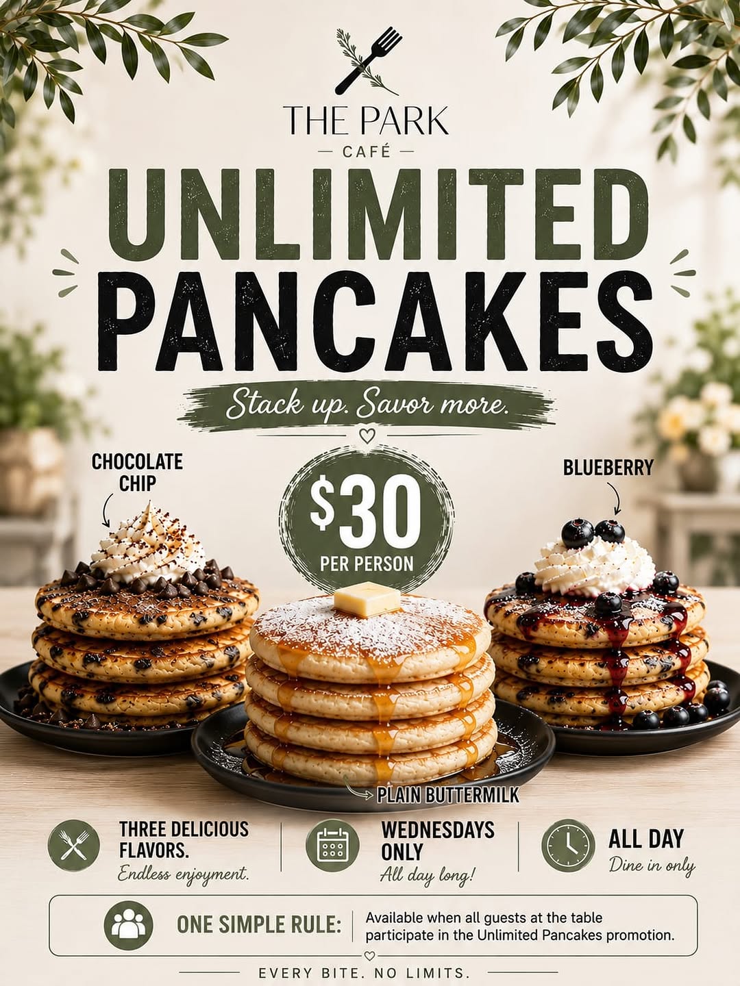 Unlimited Pancakes Every Wednesday – $30 Per Person at The Park Café