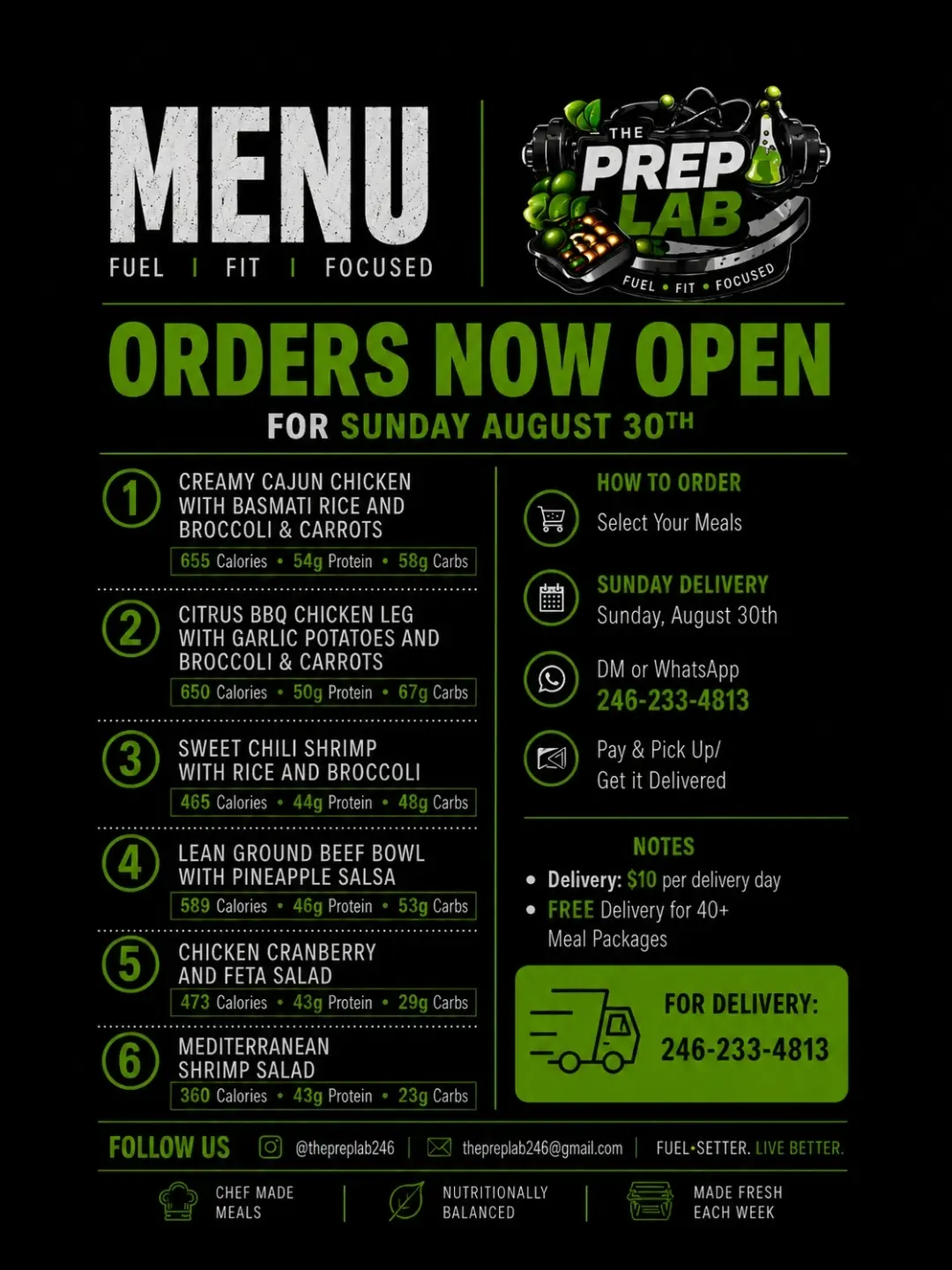 The Prep Lab – Pre-Orders Open for Sunday August 30th Meal Delivery