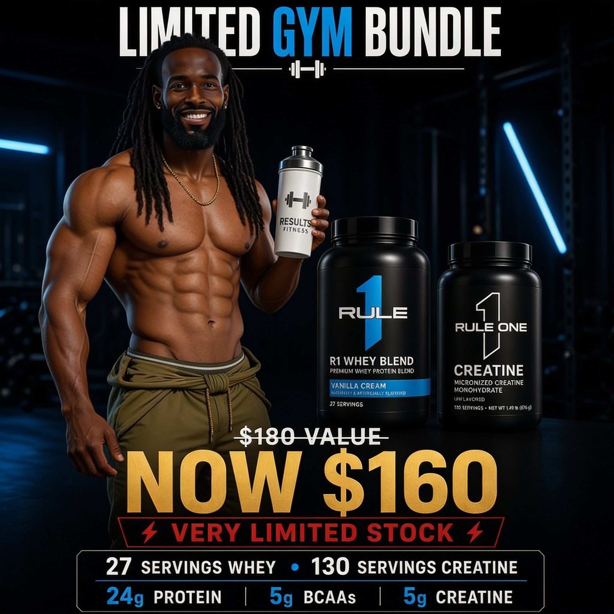 Limited Gym Bundle – Whey, Creatine & Shaker for $160