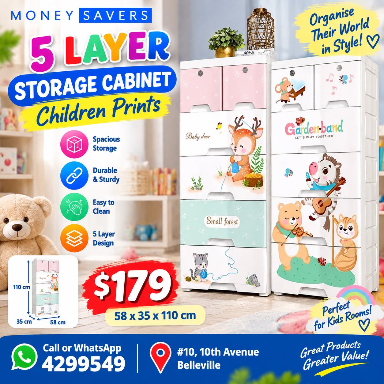 5 Layer Storage Cabinet – Children Prints – $179