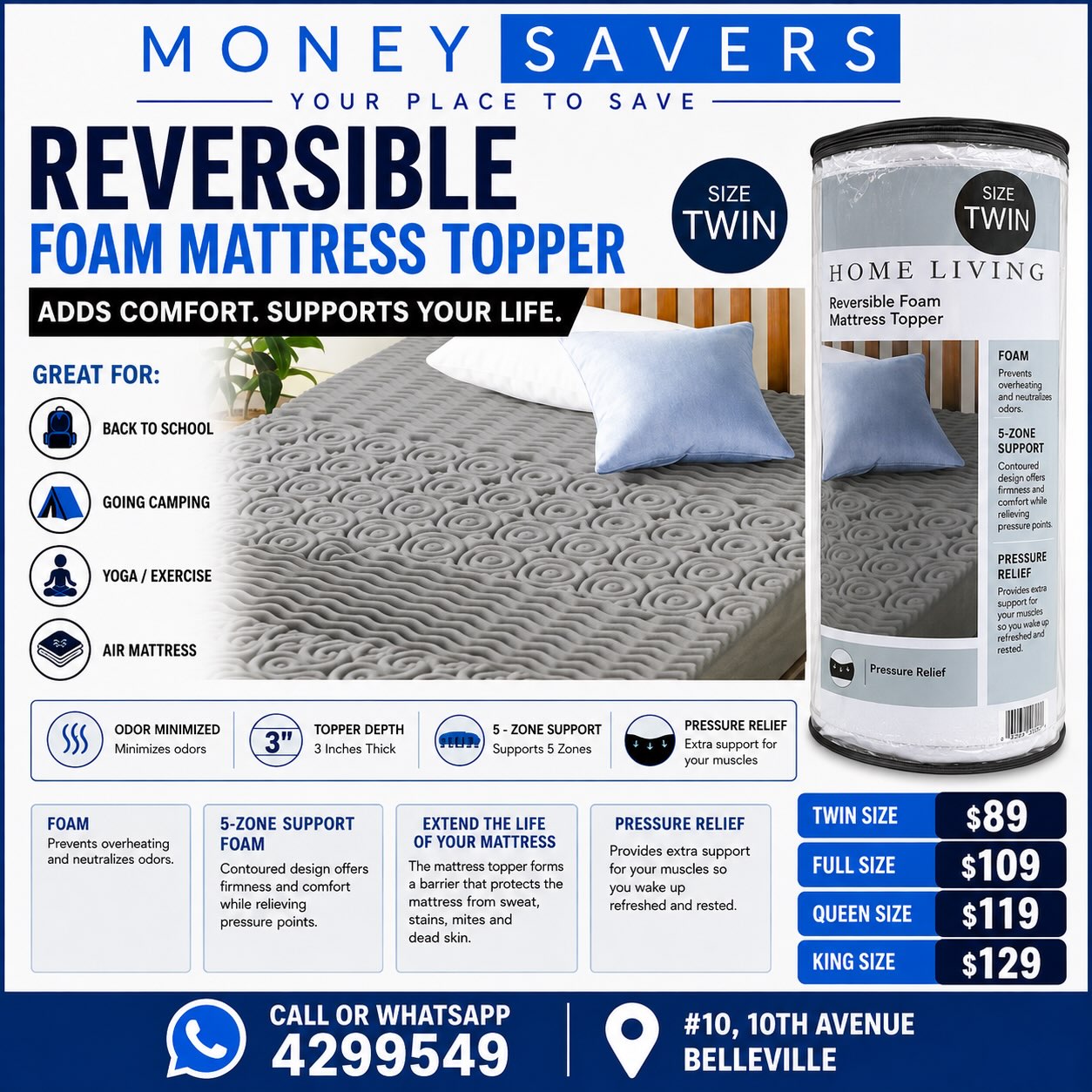 Reversible Foam Mattress Topper – Twin $89, Full $109, Queen $119, King $129