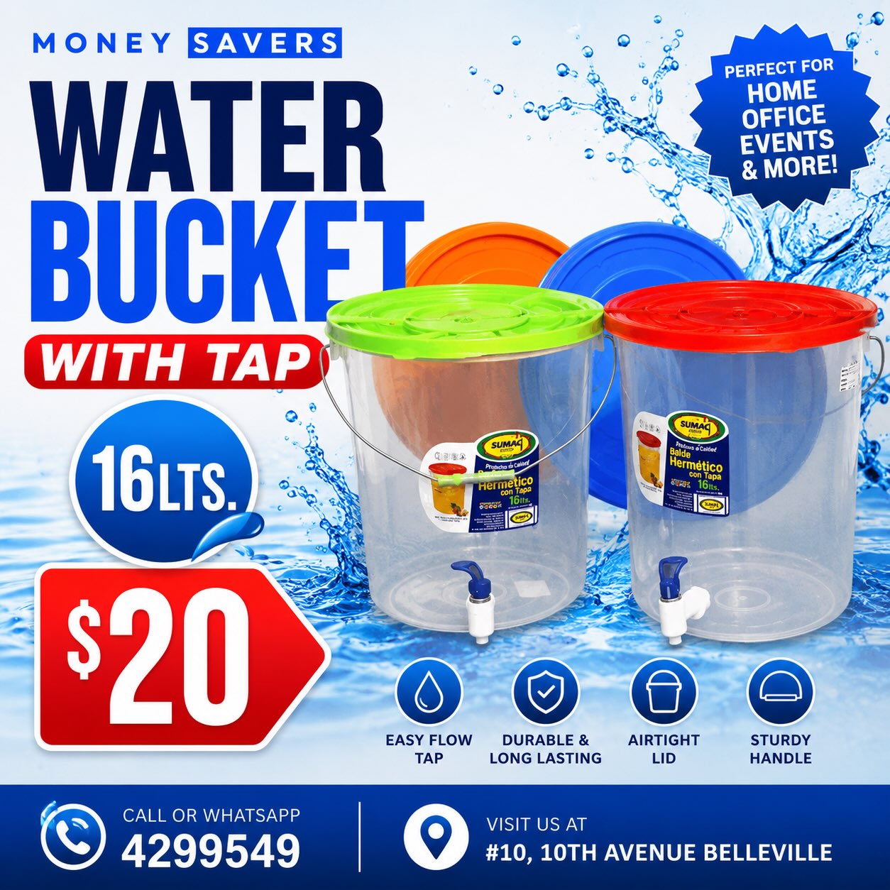 Water Bucket with Tap – 16 Litres for $20