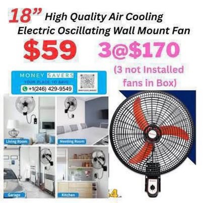 18" Oscillating Wall Mount Fan – $59 each or 3 for $170