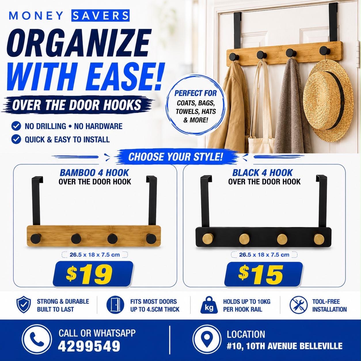Over The Door Hooks – Bamboo $19 / Black $15 at Money Savers