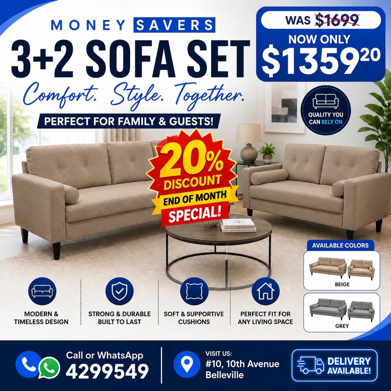 3+2 Sofa Set - 20% Off End of Month Special, Now $1,359.20