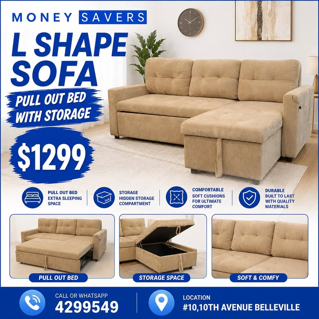 L-Shape Sofa with Pull Out Bed & Storage – $1,299