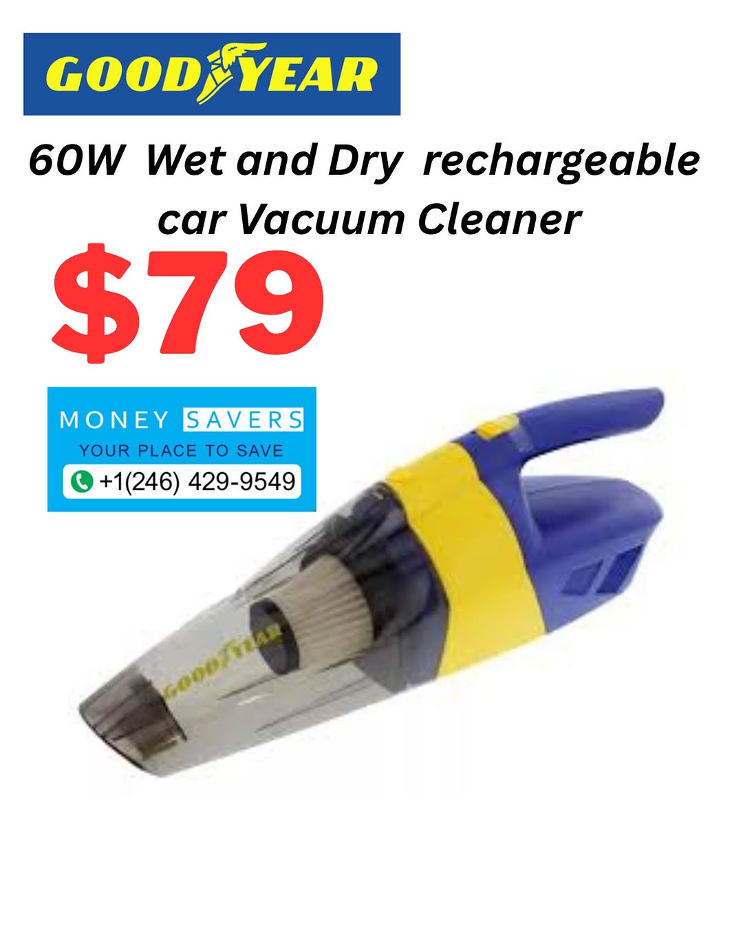 Goodyear 60W Wet and Dry Rechargeable Car Vacuum Cleaner – $79