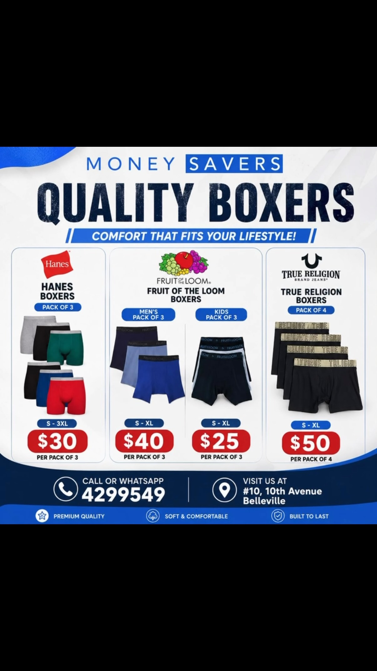 Money Savers Quality Boxers – Hanes, Fruit of the Loom & True Religion Packs