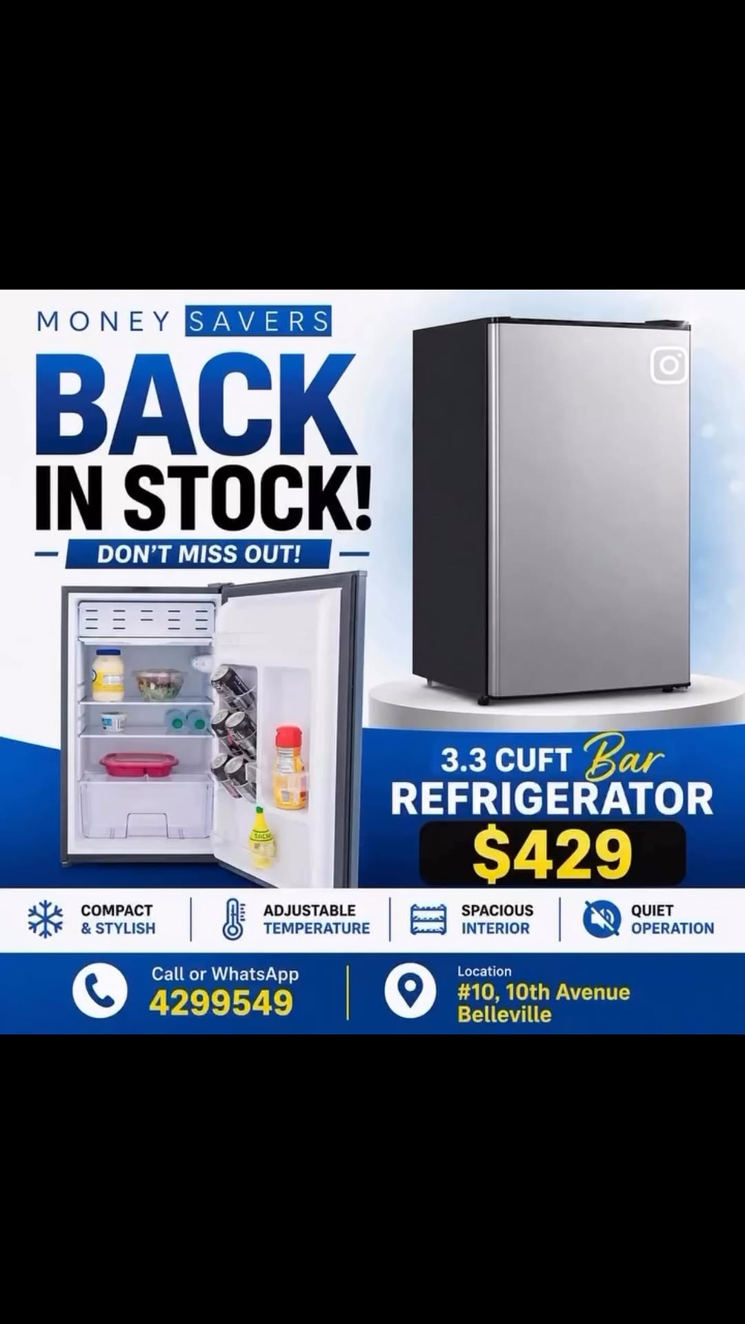 3.3 Cu Ft Bar Refrigerator Back in Stock – $429