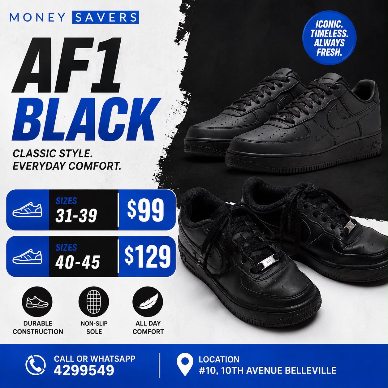 Nike Air Force 1 Black – Sizes 31–45 from $99 at Money Savers