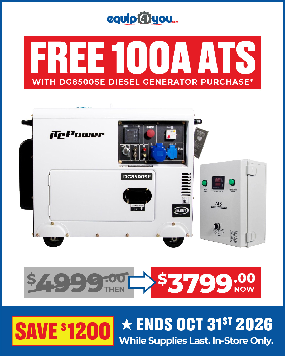 Free Automatic Transfer Switch with ITC Power DG8500SE Diesel Generator – $3799 BBD