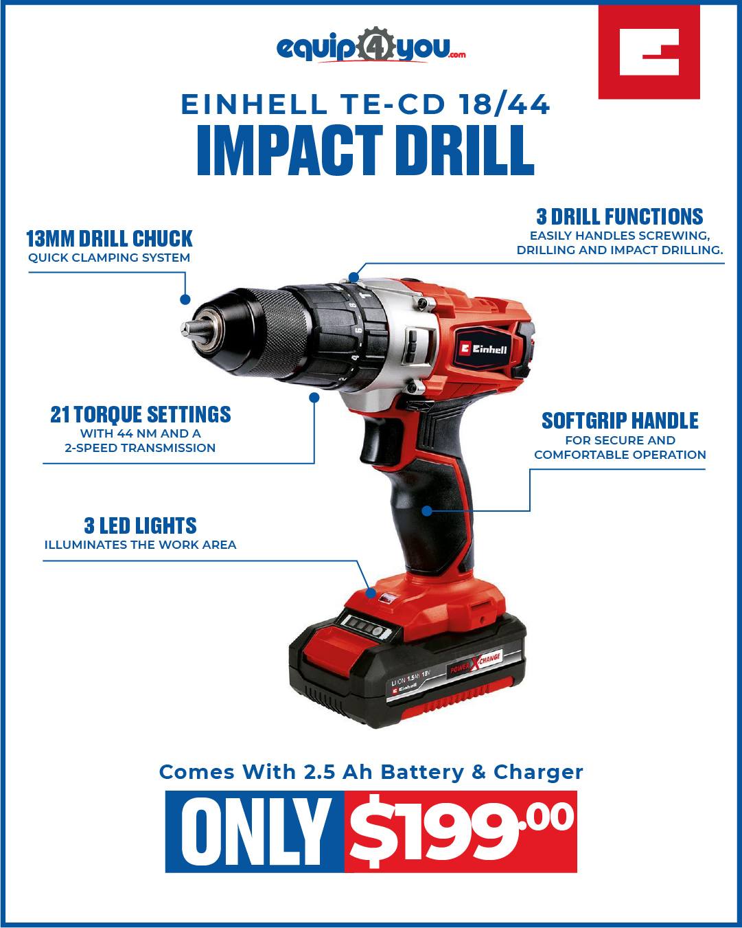 Einhell TE-CD 18/44 Cordless Impact Drill – Only $199 (Incl. Battery & Charger)