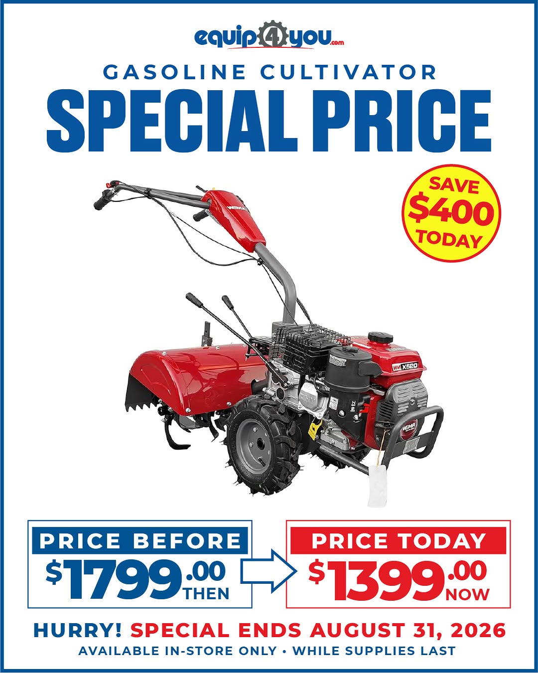 Weima WMX520 Gasoline Cultivator Special Price – Save $400