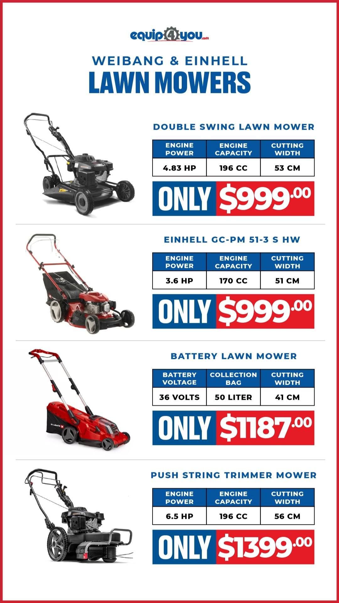 Weibang & Einhell Lawn Mowers – Prices from $999 at Equip4You