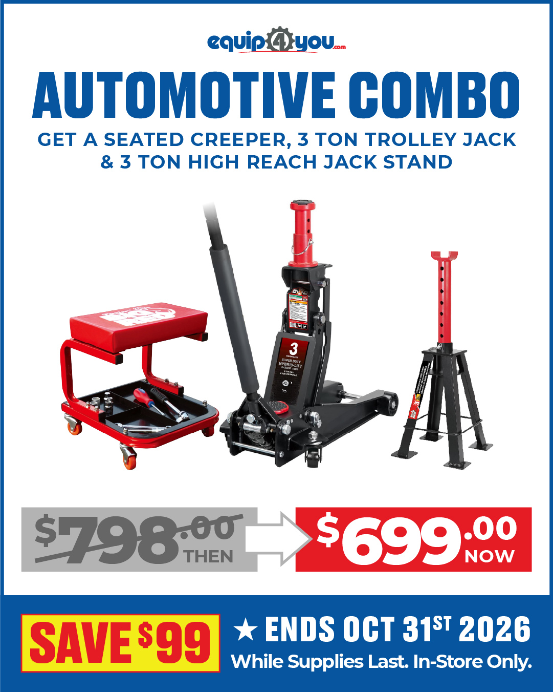 Automotive Combo: Seated Creeper, 3-Ton Trolley Jack & 3-Ton Jack Stand – $699