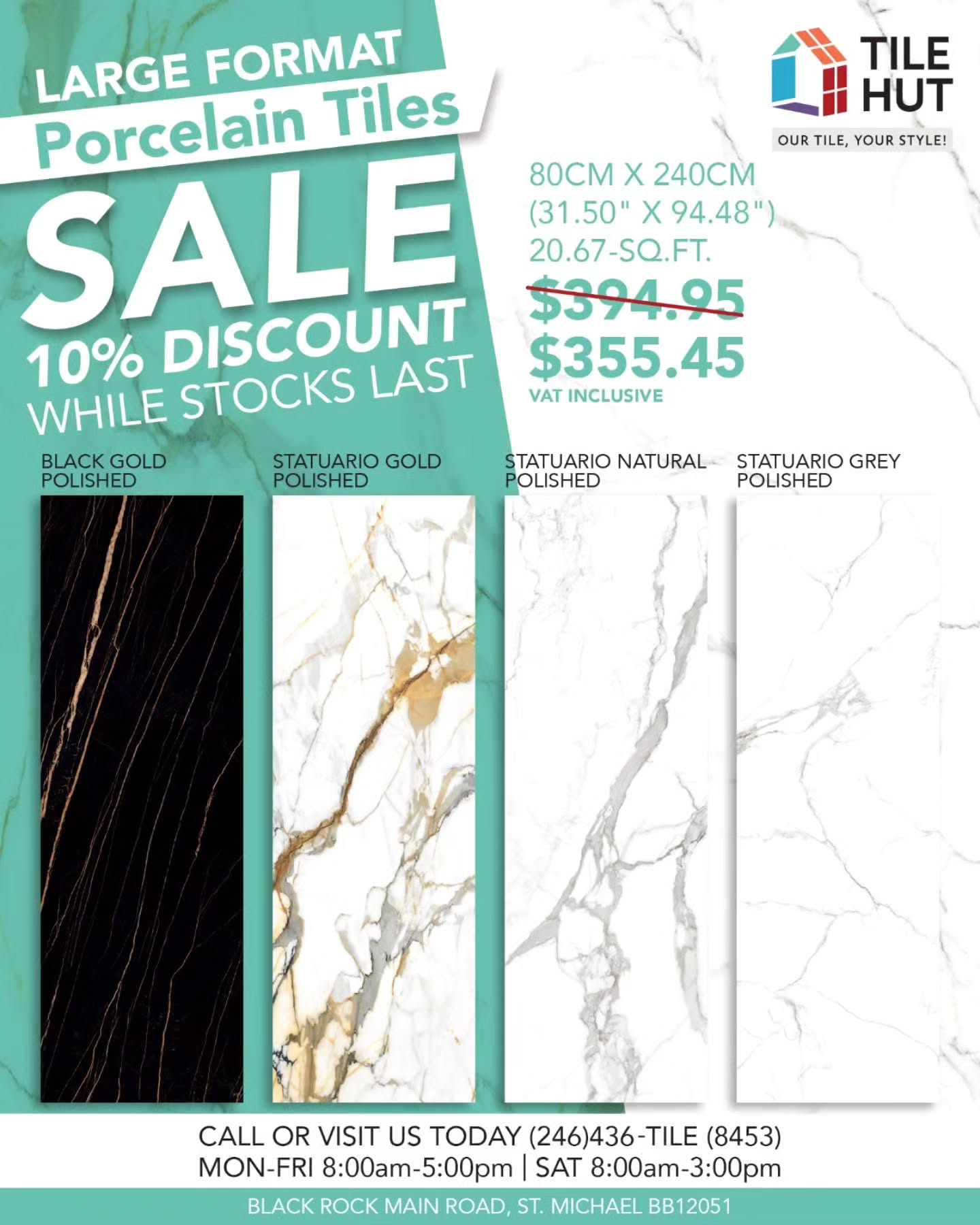 10% Off Large Format Porcelain Tiles (80cm x 240cm) at Tile Hut