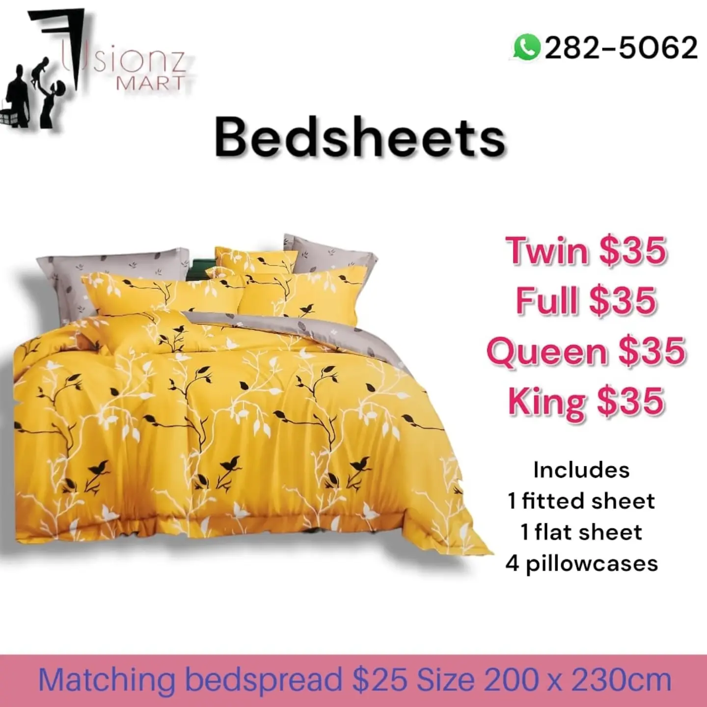 Fusionz Mart Bedsheets – All Sizes $35 (Includes Fitted Sheet, Flat Sheet & 4 Pillowcases)