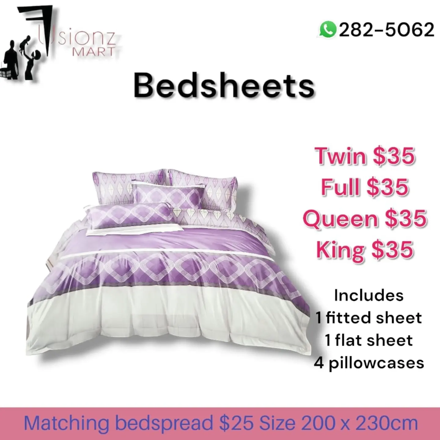 Fusionz Mart Bedsheets – All Sizes $35, Matching Bedspread $25