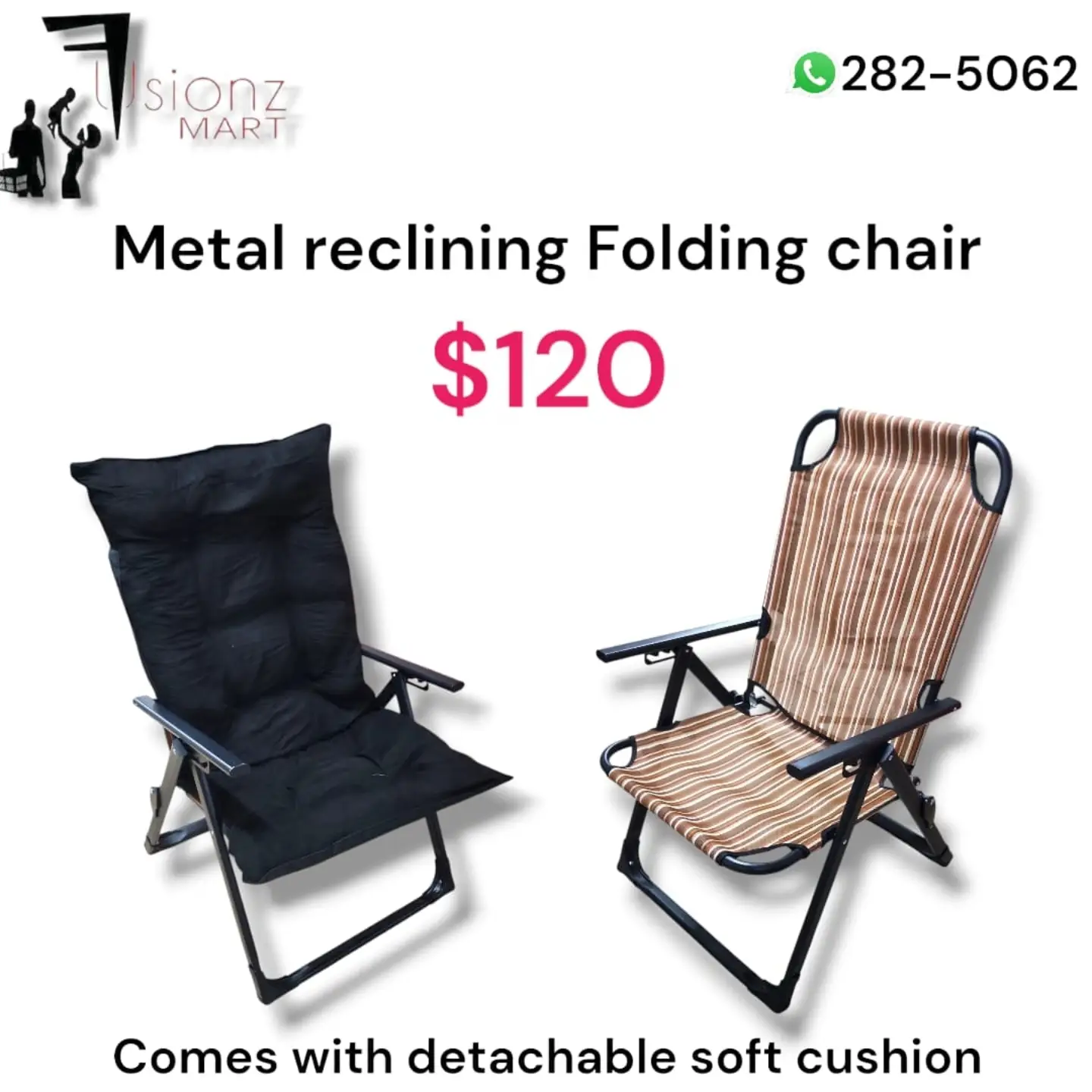 Chairs Available at Fusionz Mart – Metal Reclining Folding Chair $120, Elegant Bar Stool $200, Gaming Chair $210