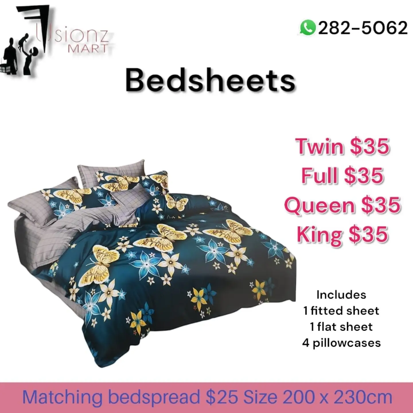 Fusionz Mart Bedsheets – All Sizes $35, Matching Bedspread $25
