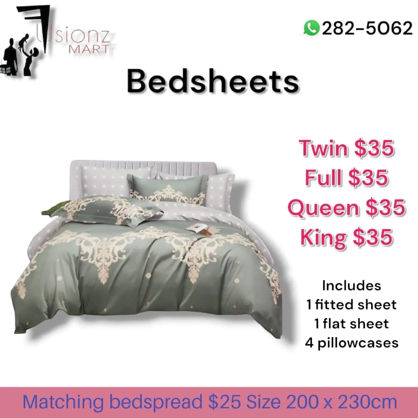 Fusionz Mart Bedsheets – All Sizes $35, Matching Bedspread $25