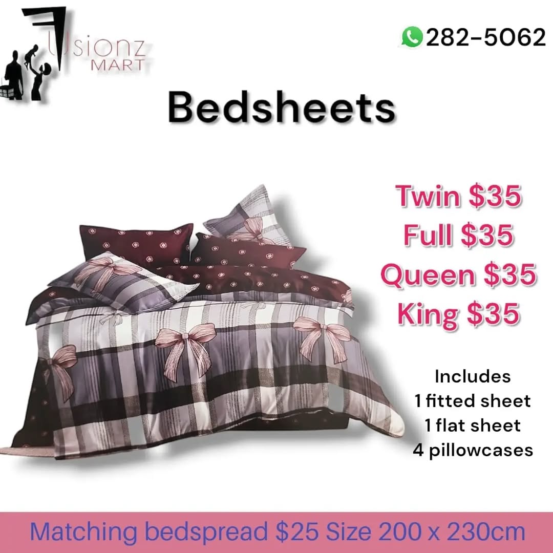 Fusionz Mart Bedsheets – All Sizes $35, Matching Bedspread $25