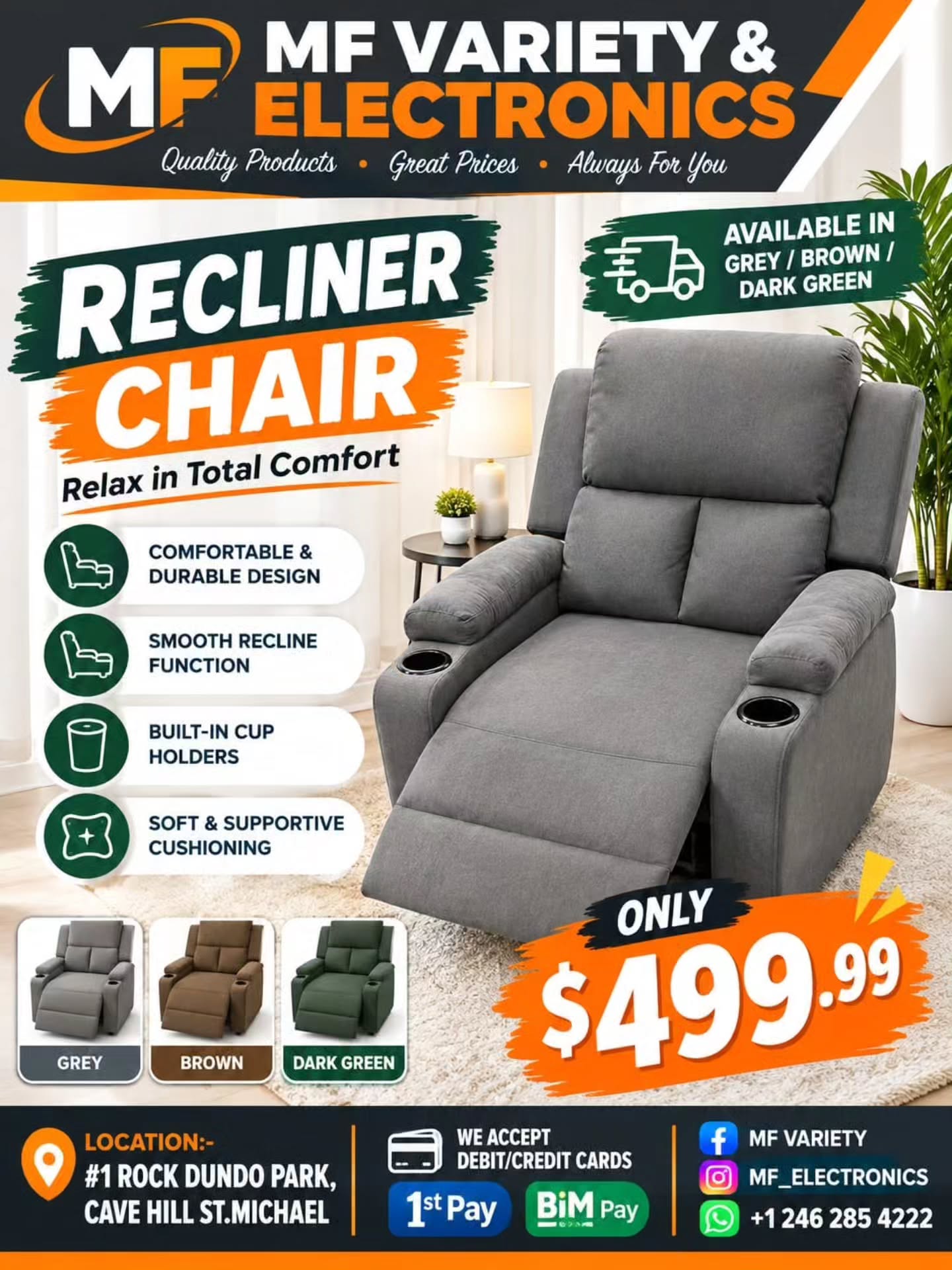 Recliner Chairs Now Available at MF Variety & Electronics