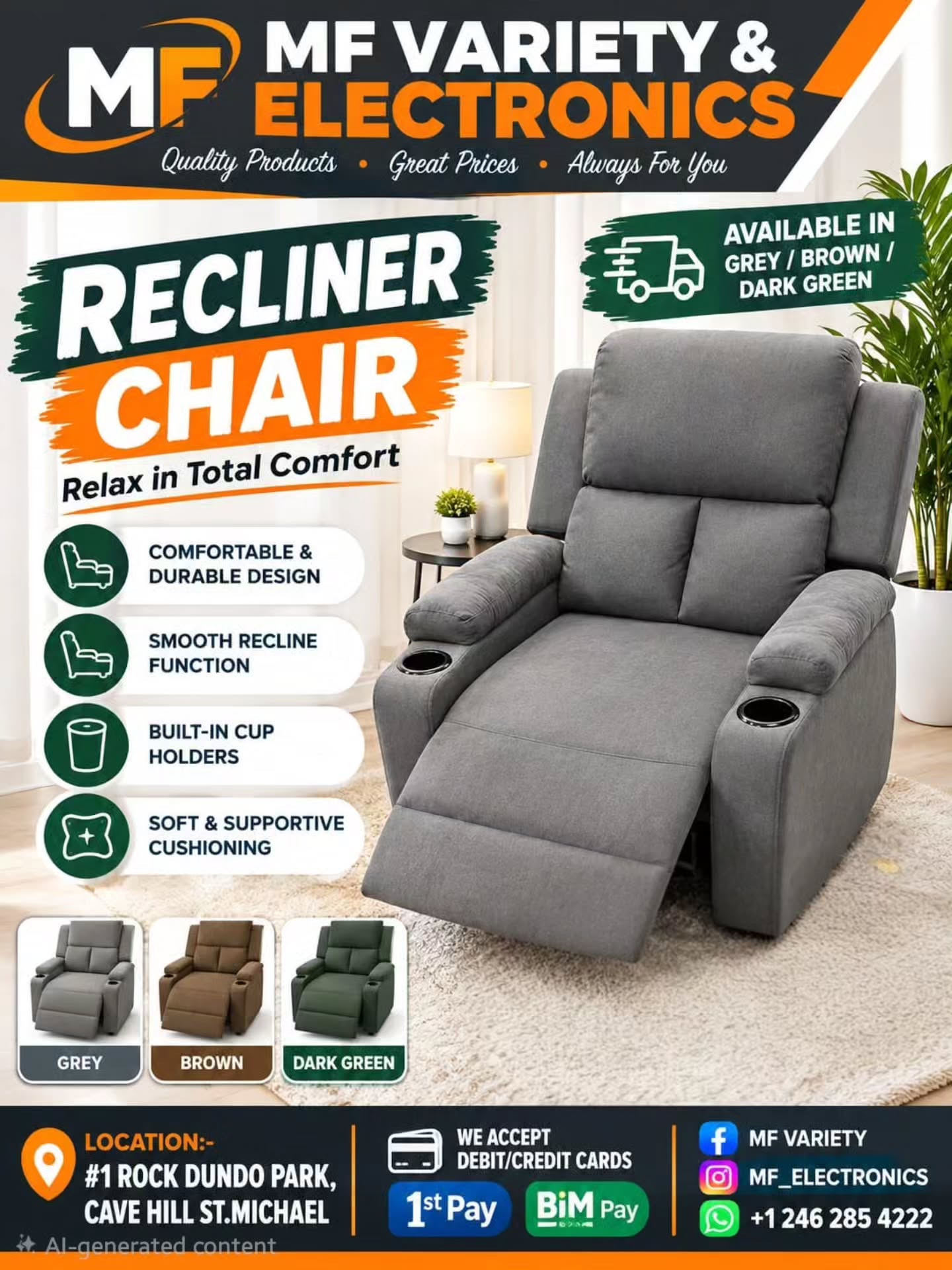Recliner Chairs Now Available at MF Variety & Electronics
