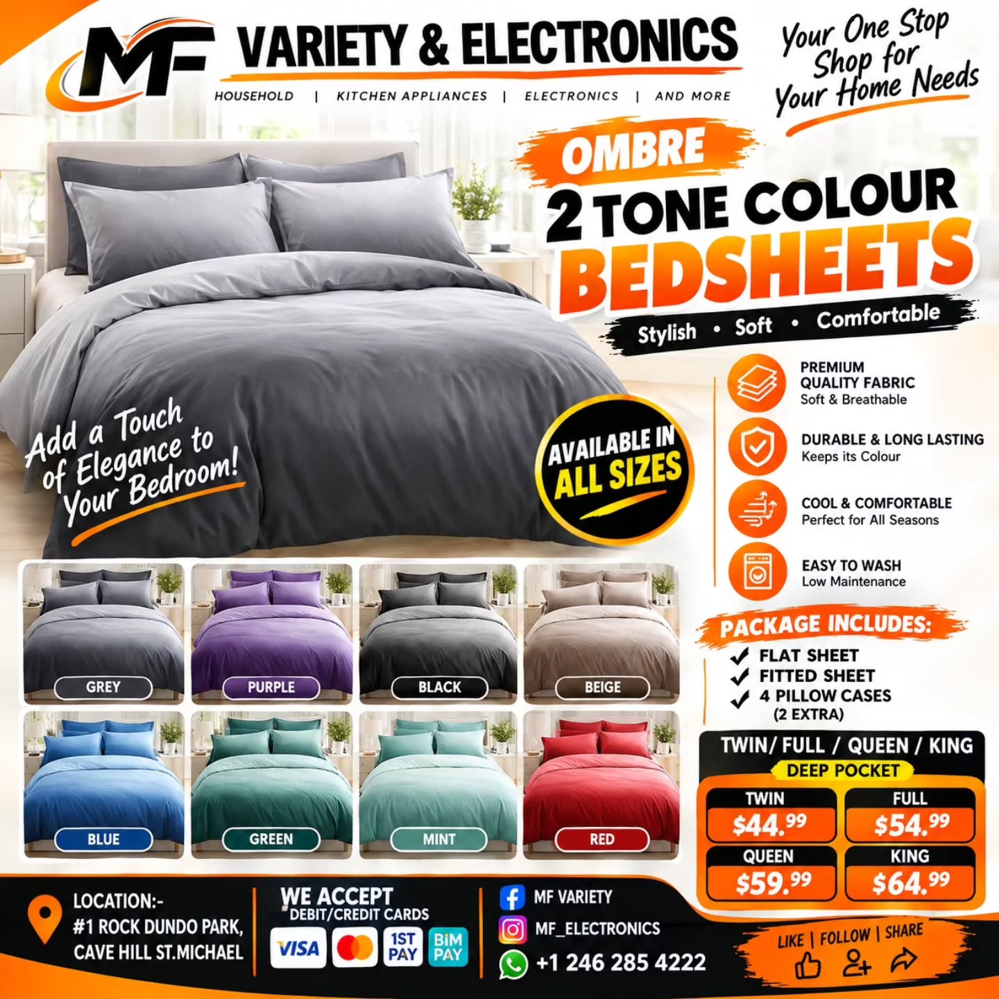 Ombre 2 Tone Colour Bedsheets – Twin from $44.99 at MF Variety & Electronics