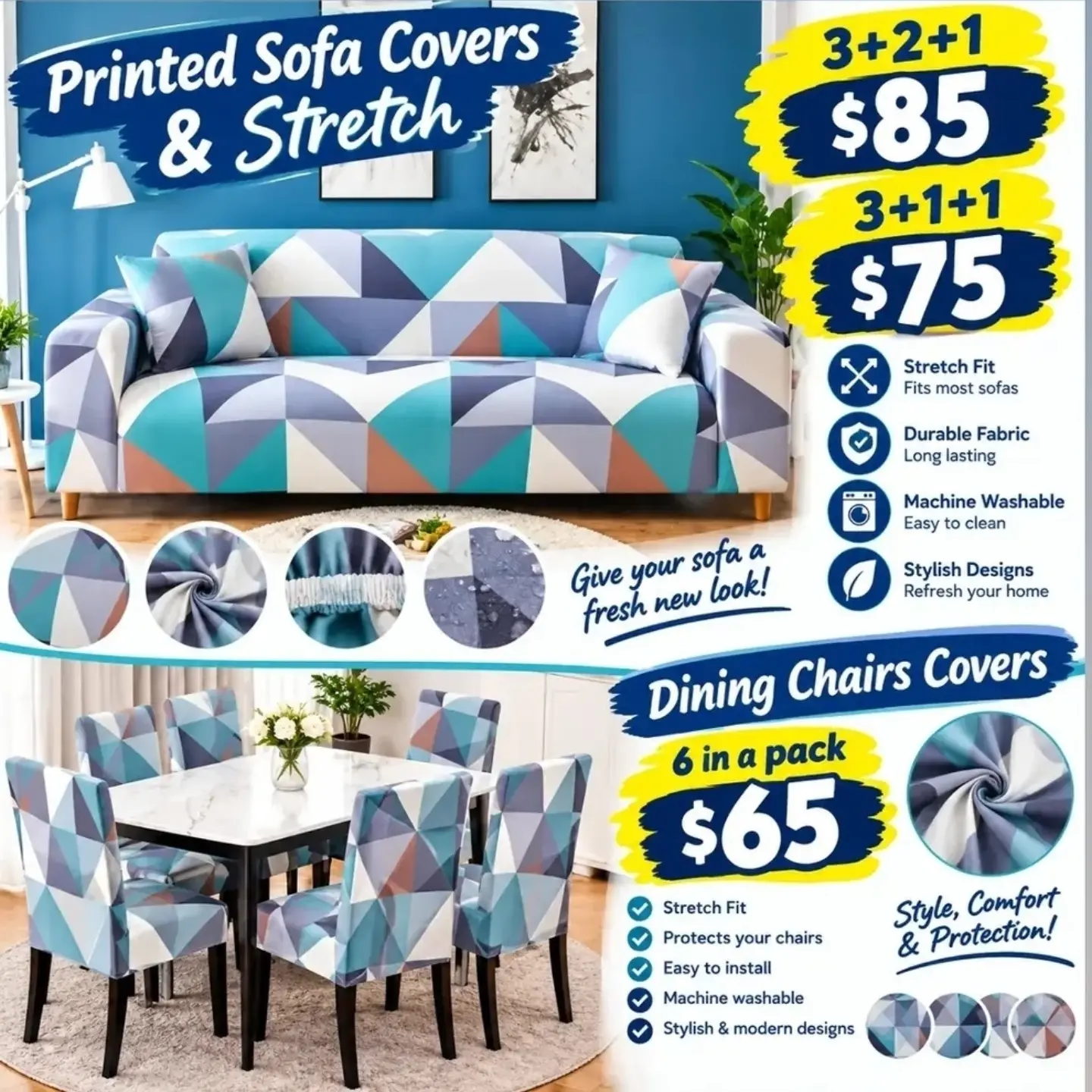 Printed & Stretch Sofa Covers & Dining Chair Covers – Bundle Pricing