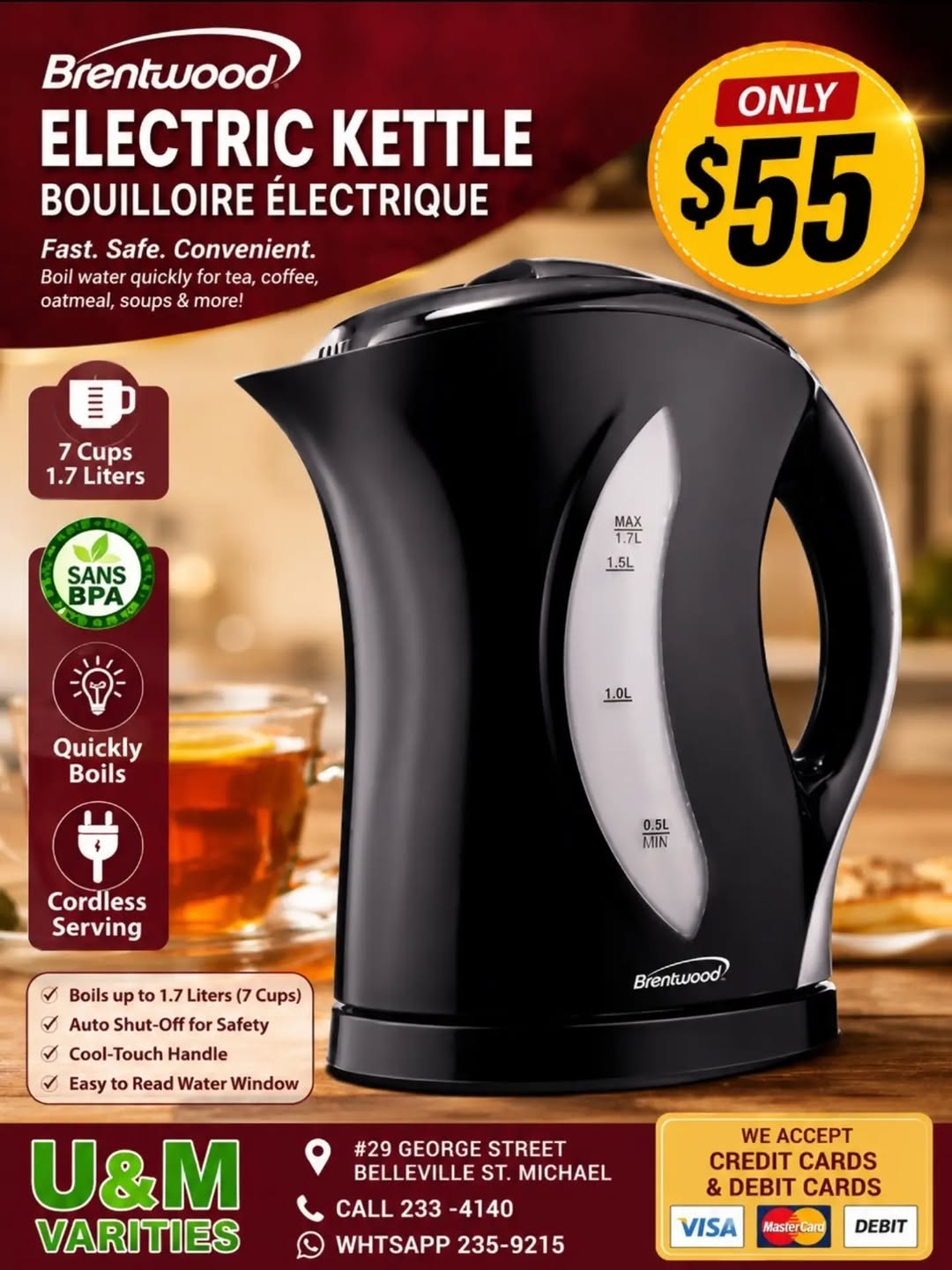 Brentwood Electric Kettle – Only $55 at U&M Varieties