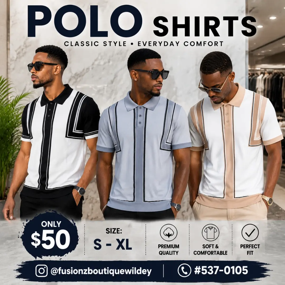 Men's Polo Shirts – $50 Each at Fusionz Boutique Wildey