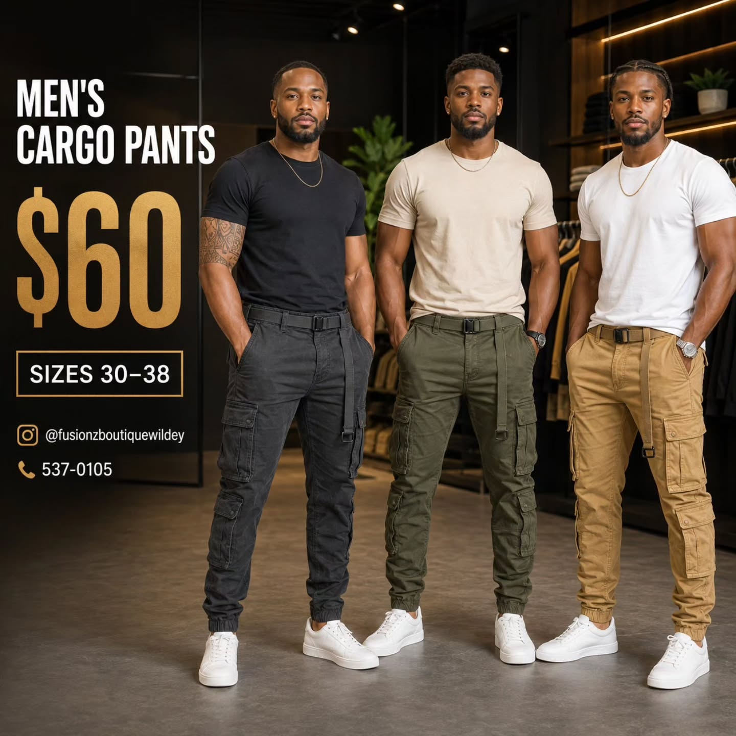 Men's Cargo Pants – $60 | Sizes 30–38