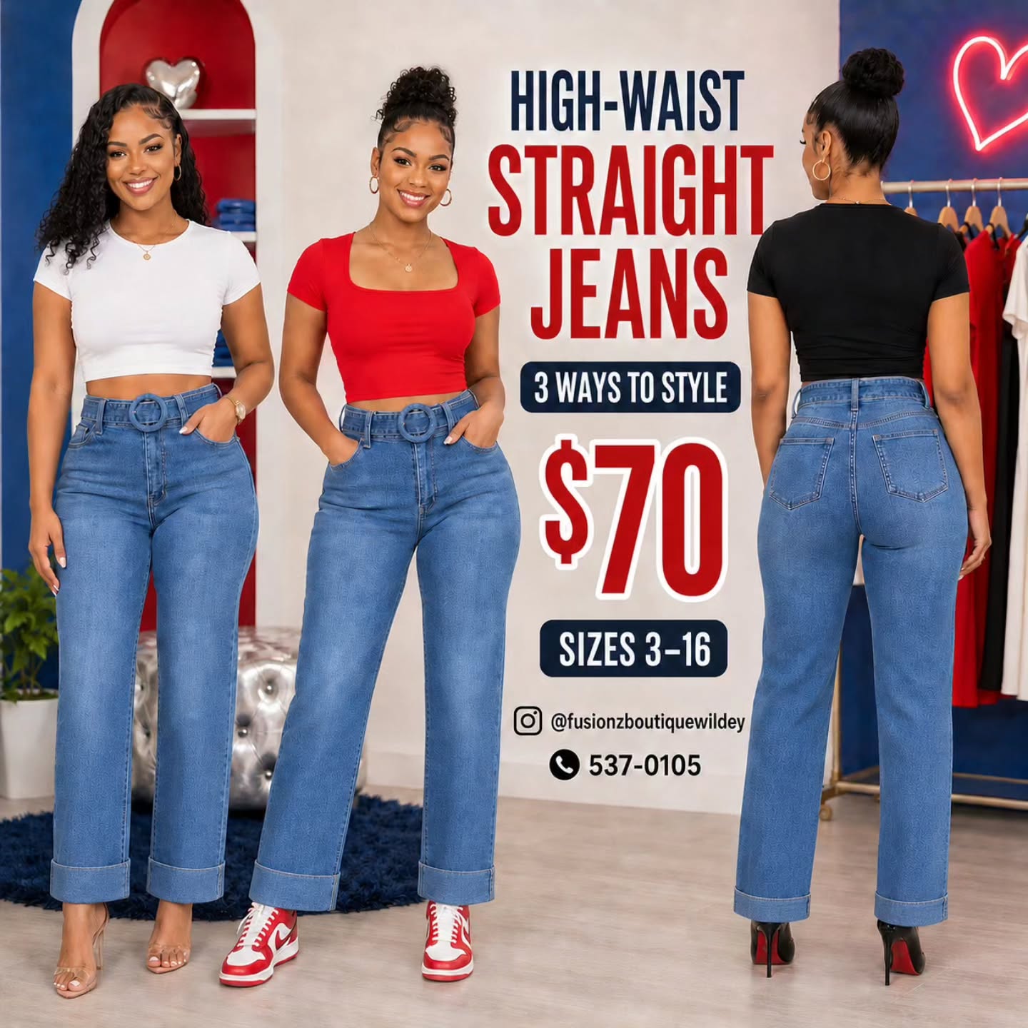 High-Waist & Wide-Leg Jeans – $70 Each at Fusionz Boutique Wildey