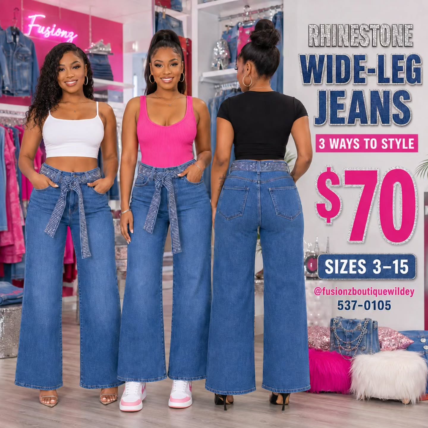 High-Waist & Wide-Leg Jeans – $70 Each at Fusionz Boutique Wildey