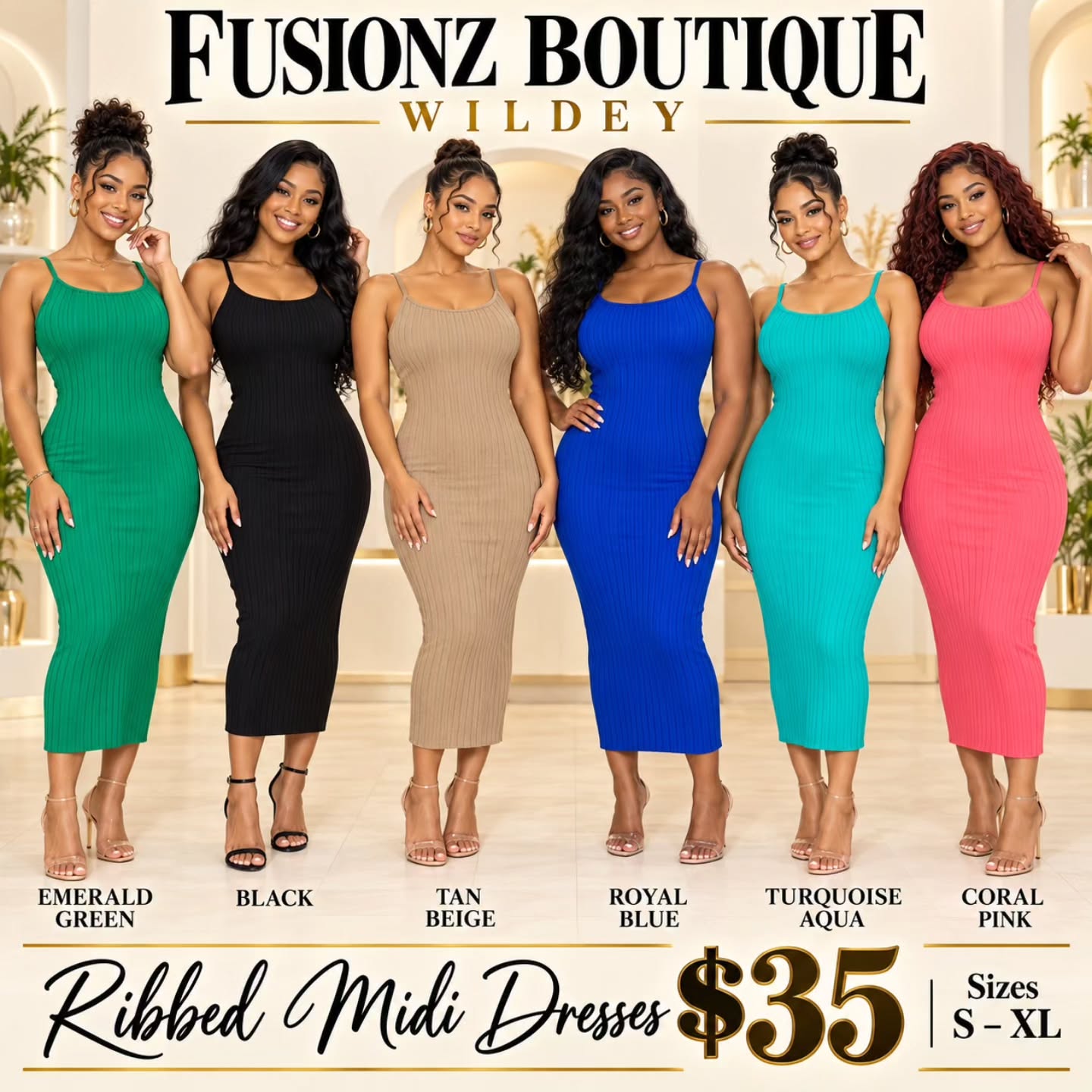 Ribbed Midi Dresses – $35 at Fusionz Boutique Wildey