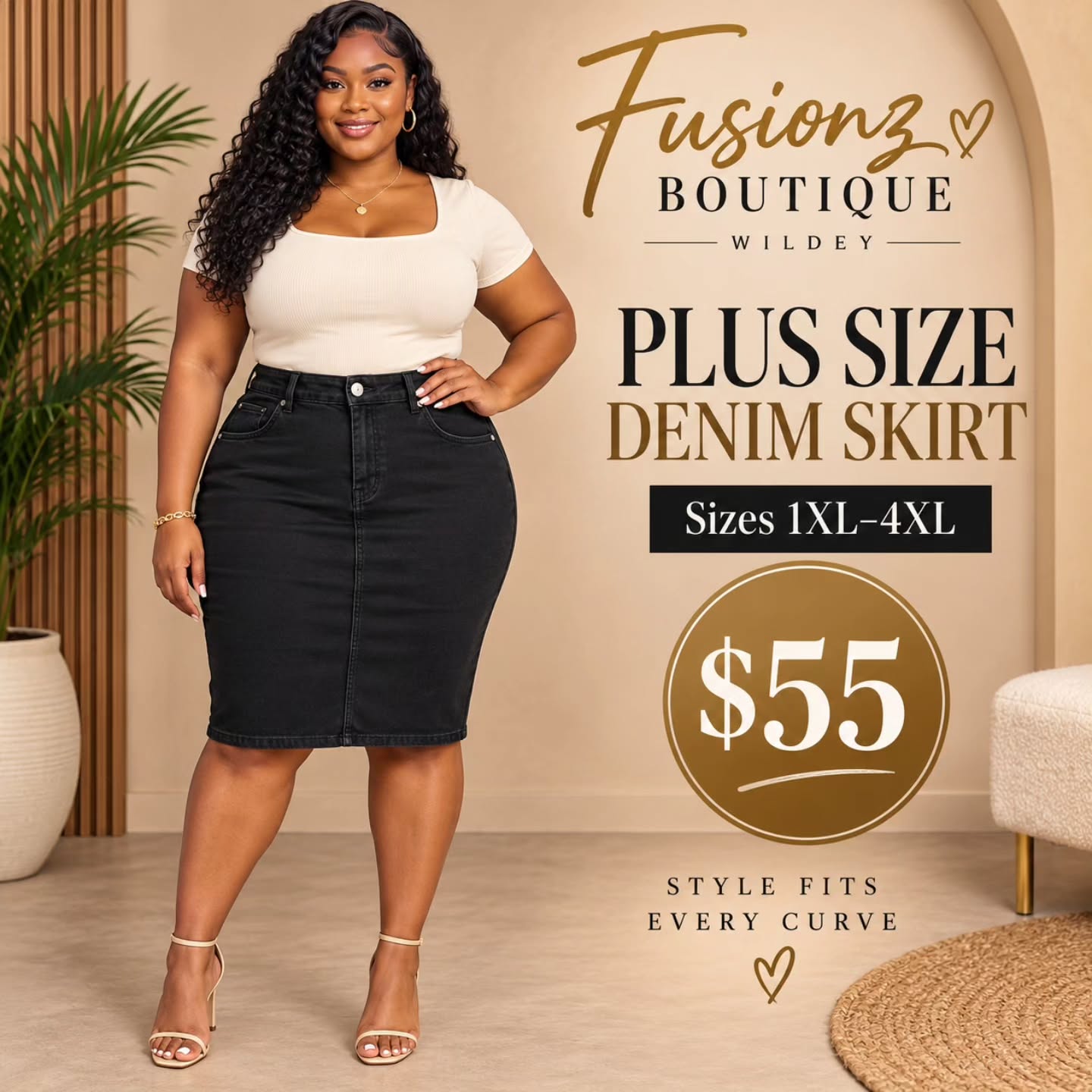 Plus Size Denim Skirt – $55 at Fusionz Boutique Wildey