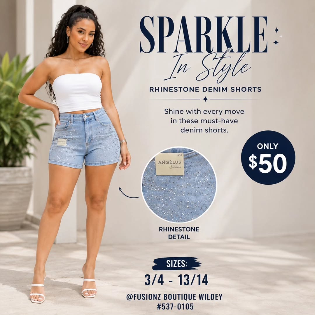 Rhinestone Denim Shorts – Only $50 at Fusionz Boutique Wildey
