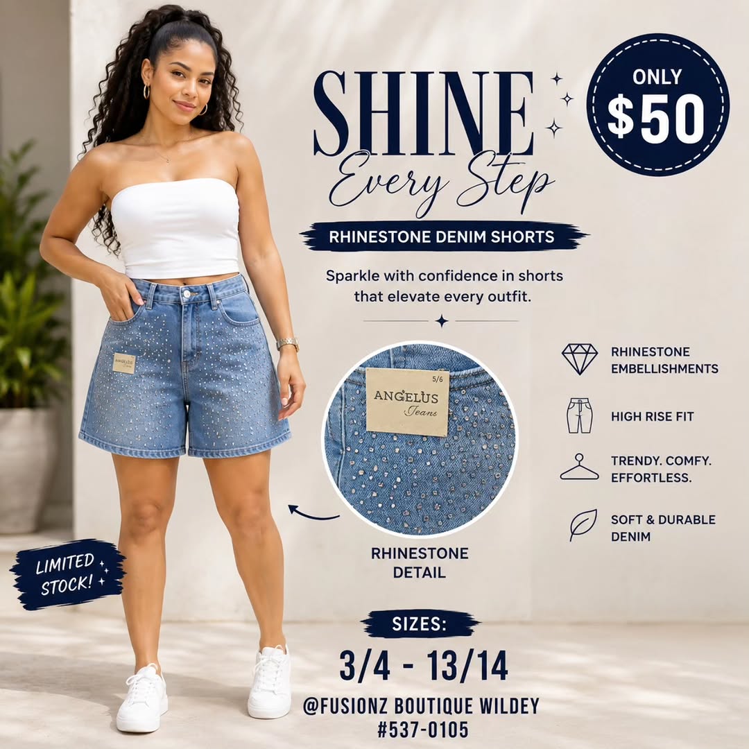 Rhinestone Denim Shorts – Only $50 at Fusionz Boutique Wildey