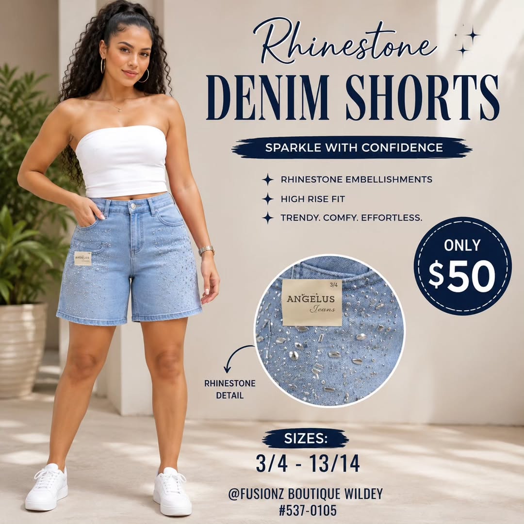 Rhinestone Denim Shorts – Only $50 at Fusionz Boutique Wildey