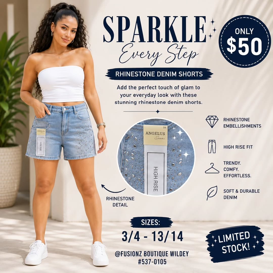 Rhinestone Denim Shorts – Only $50 at Fusionz Boutique Wildey