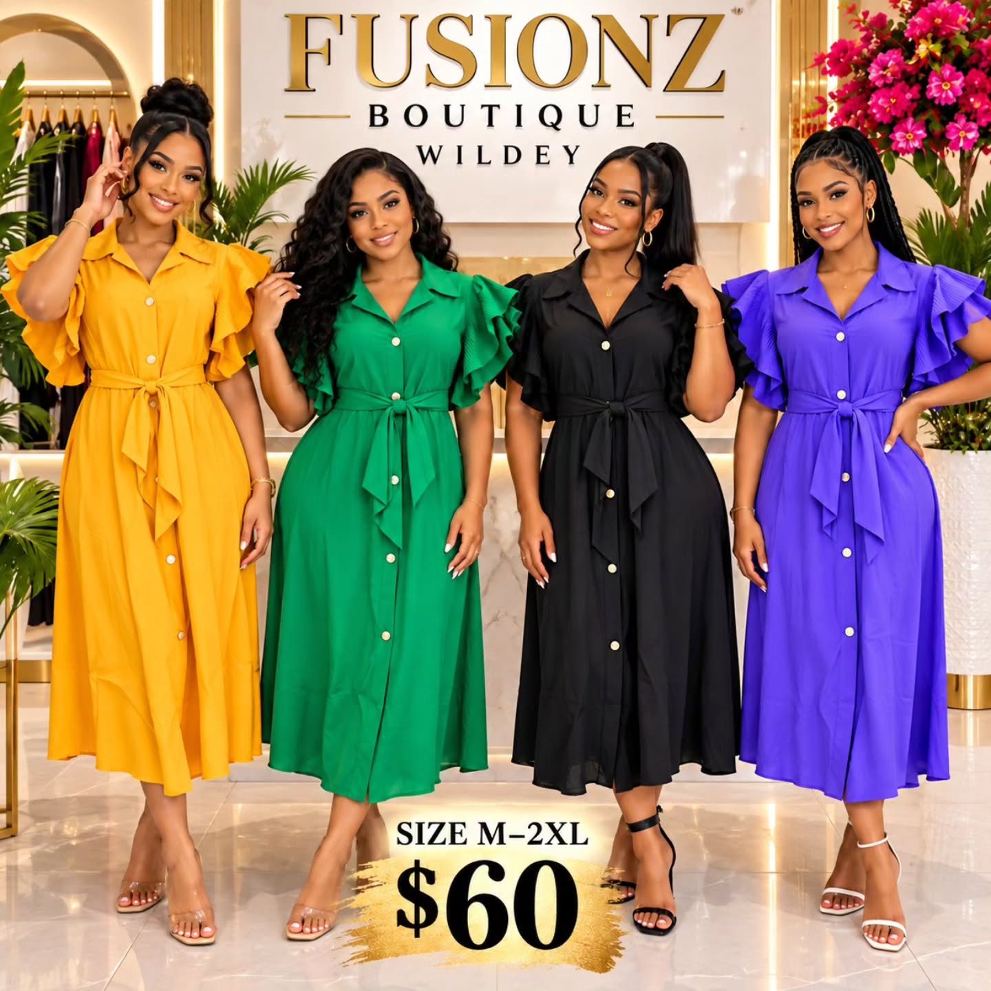 Ruffle Midi Dresses – $60 at Fusionz Boutique Wildey