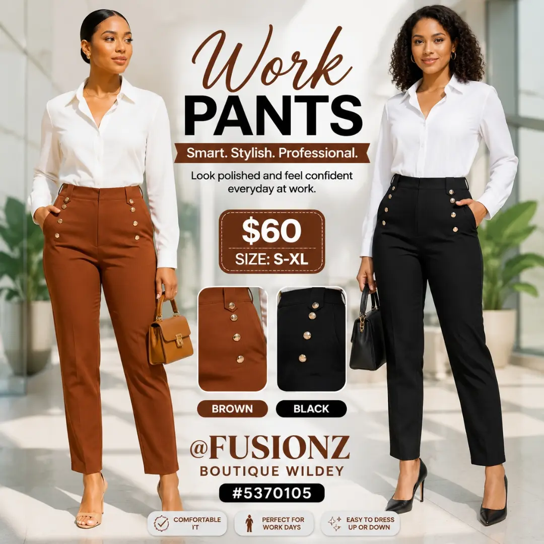 Work Pants – $60 | Brown & Black | Sizes S-XL at Fusionz Boutique Wildey
