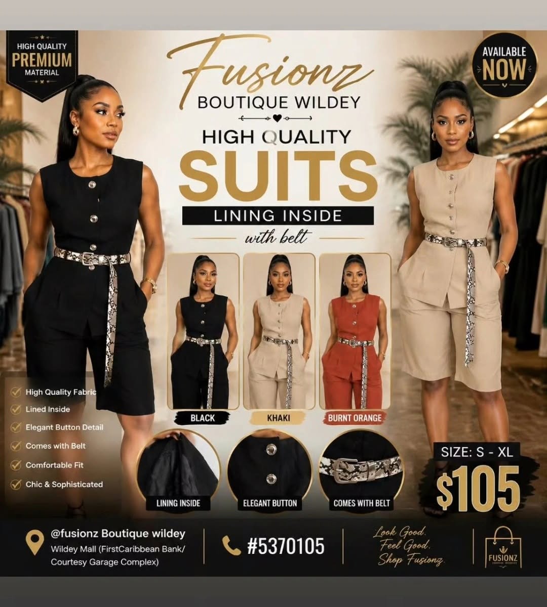 Fusionz Boutique Wildey – Suits & Pleated Dresses Available Now