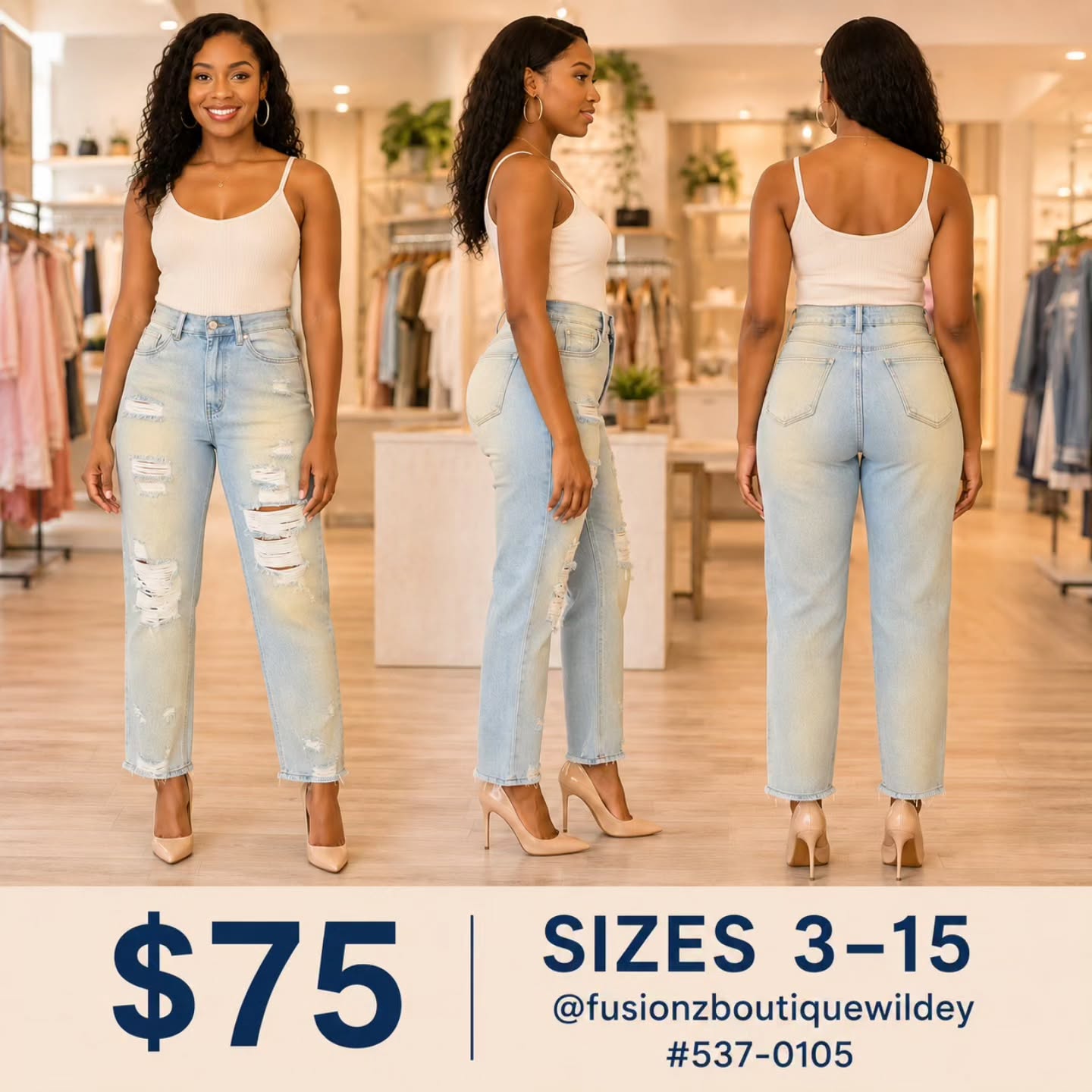 Women's Distressed Jeans – $75 | Sizes 3–15 at Fusionz Boutique Wildey