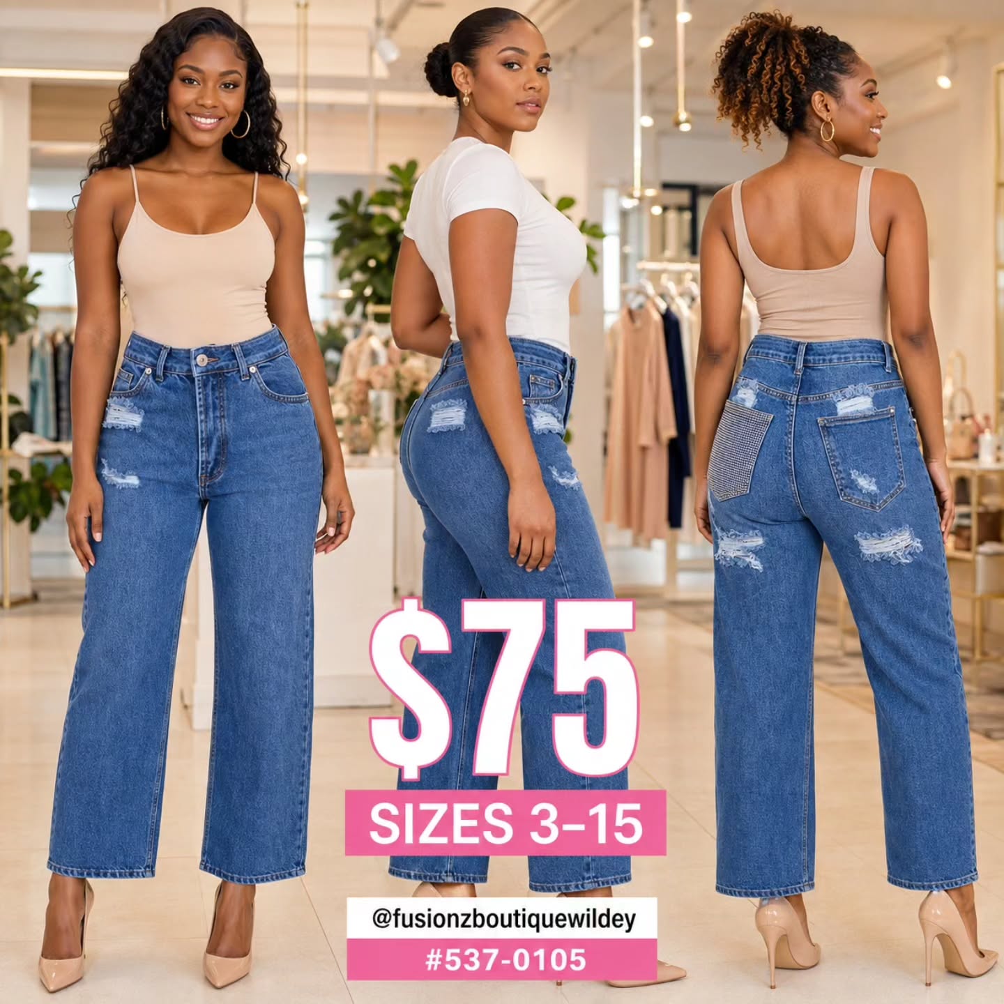 Women's Distressed Jeans – $75 | Sizes 3–15 at Fusionz Boutique Wildey